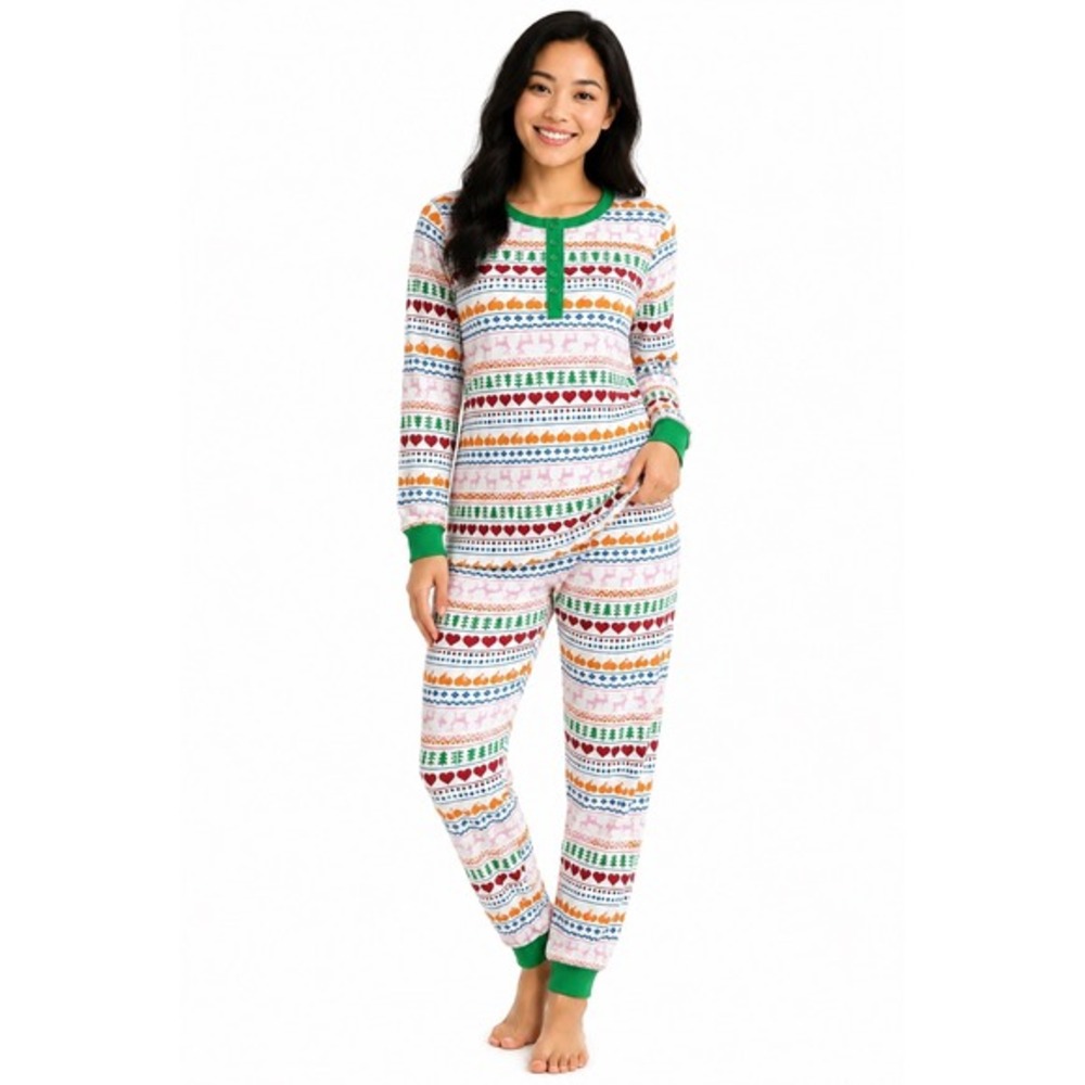 Nordstrom XL PJ Set Waffle Knit Fair Isle Holiday Reindeer Henley Green 88-66‎